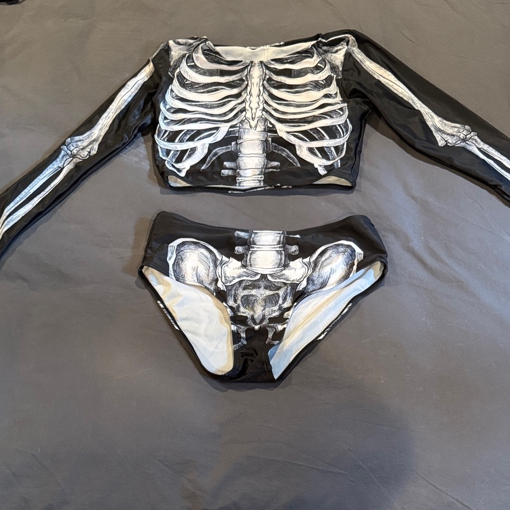 Skeleton Print Long Sleeve Bikini Set